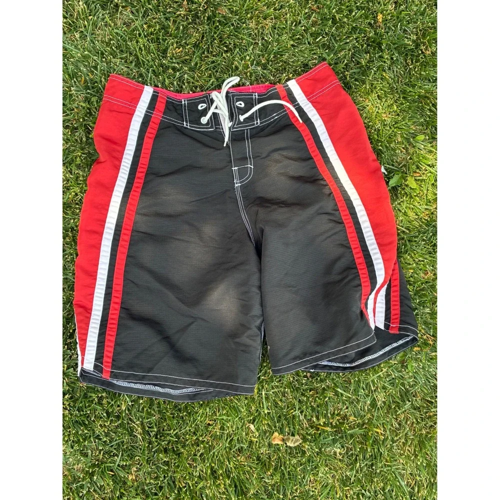 Rusty Board Shorts Mens Black Red White Striped Surf Swim Trunks Lace Up Front